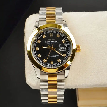 Men’s Luxury Rolex-Inspired Watch in Pakistan – Golden Silver Case with Black Dial