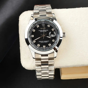 Premium Rolex-Style Men’s Watch in Pakistan – Silver Stainless Steel with Black Dial