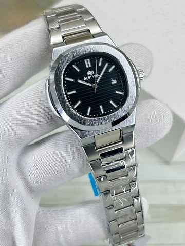 Bestwin Men’s Luxury Stainless Steel Watch in Pakistan – Black Textured Dial with Date Display