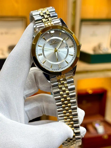 Elegance Men’s Luxury Two-Tone Stainless Steel Watch in Pakistan – White Dial with Date Display